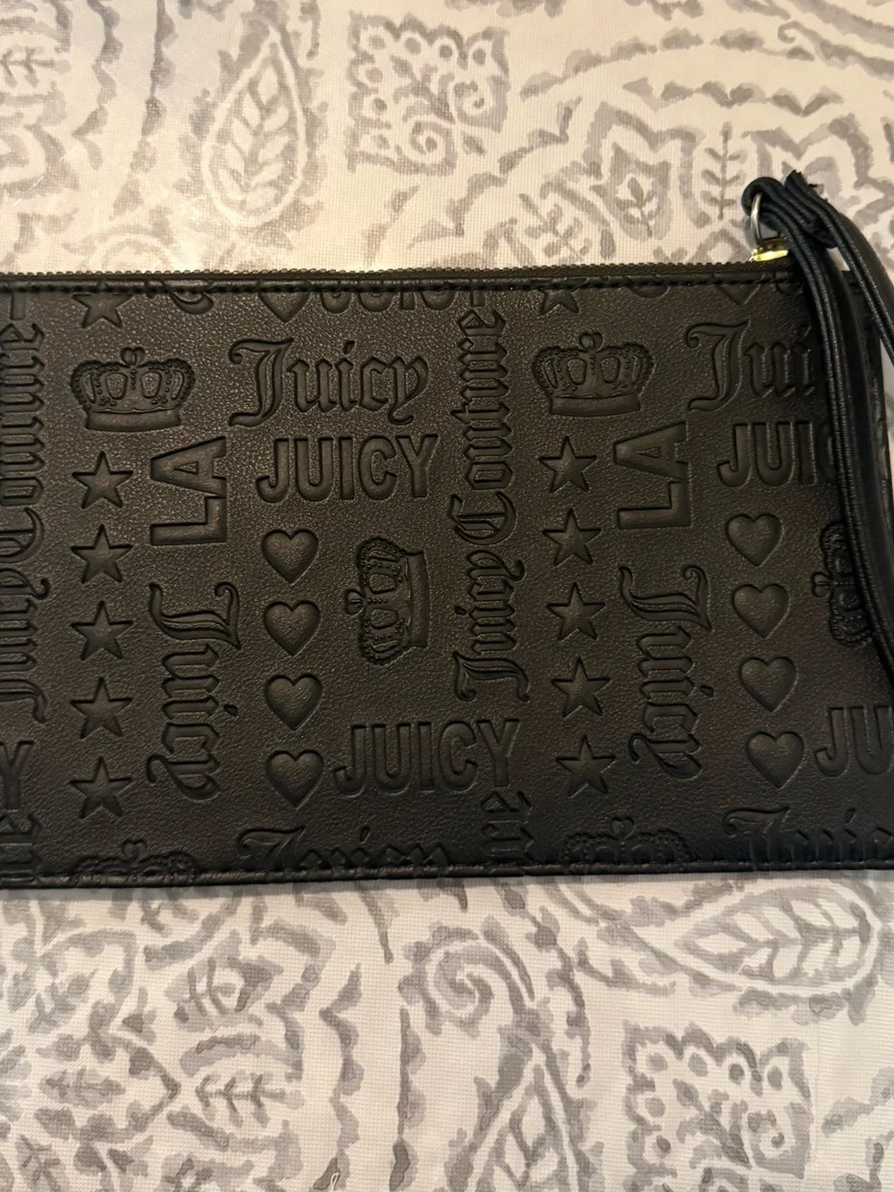 Juicy Couture Black Embossed Logo Wristlet with Gold Plaque